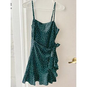 Princess Polly | Wrap Mini Dress Ruffle Hem | Teal White Polka Dots | Size 8
